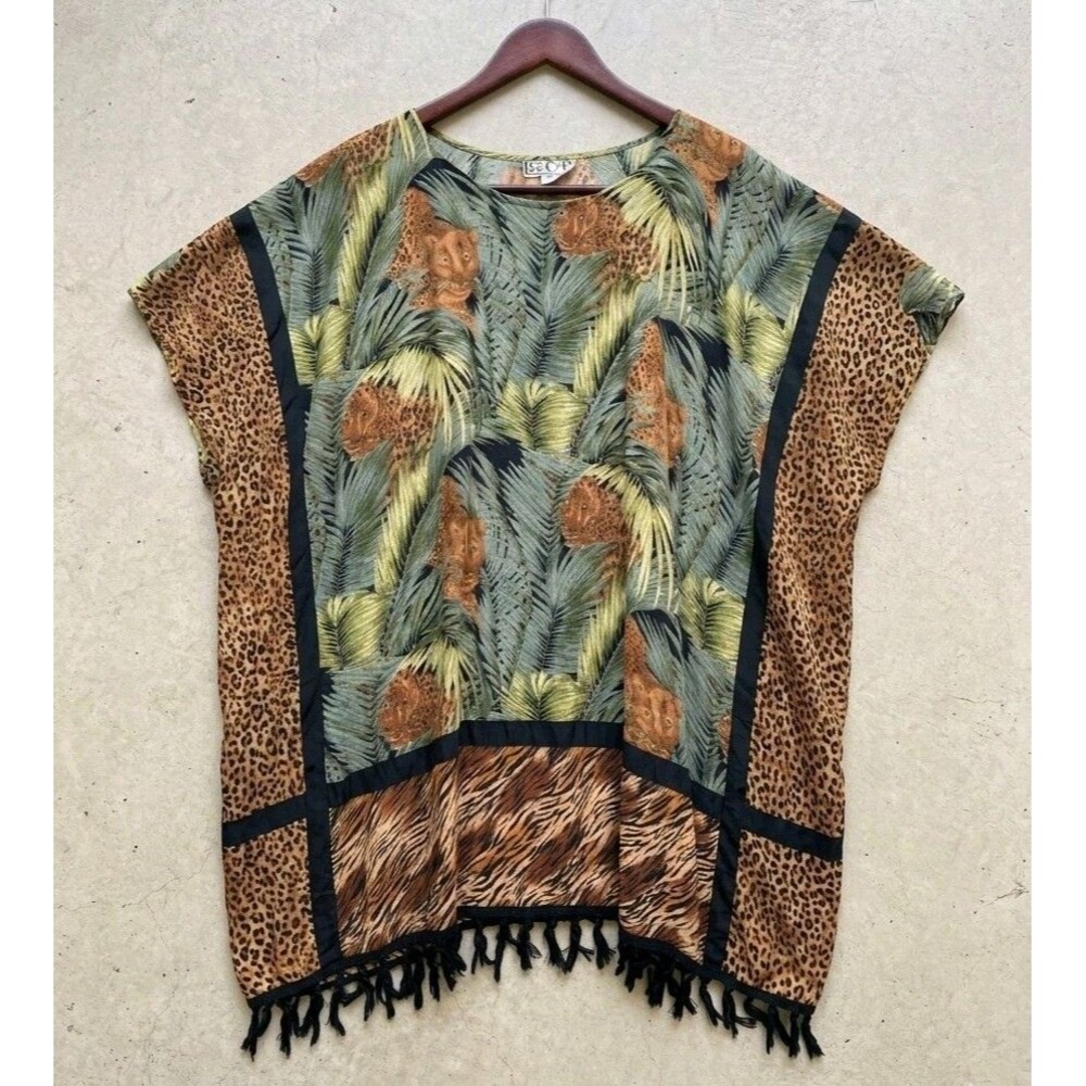 Vintage BOP Beaded Tropical Jungle Leopard Cat Fringe Cover Up Dress